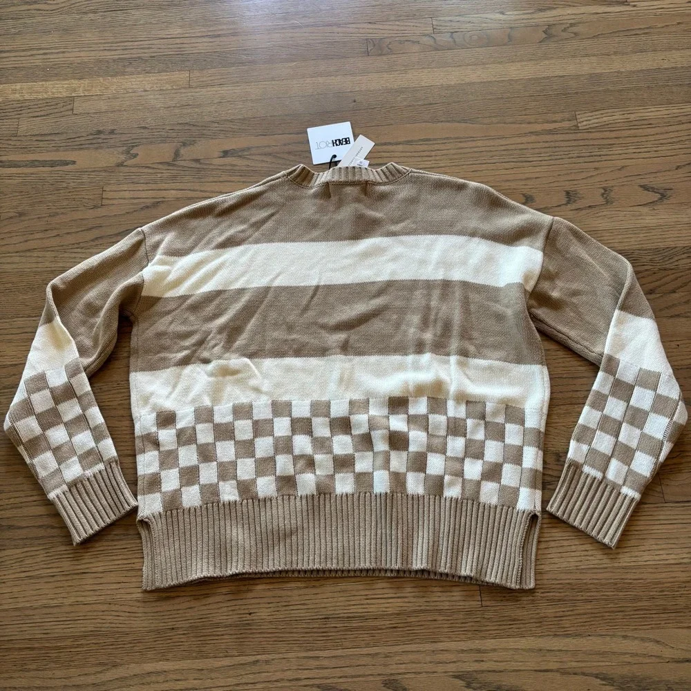 Beach‎ Riot Womens Taupe Striped Checkerboard Knit Sweater Size Medium NWT